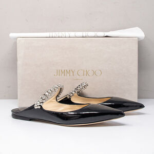 Jimmy Choo Bing Crystal Strap Patent Leather Flat Mules, Size 7.5 US (37.5 EU)